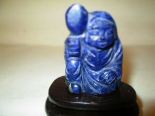 Antique Chinese Hand Carving Stone Budha Figure Lapis Lazuli Statue & Wood Stand 2