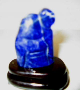 Antique Chinese Hand Carving Stone Budha Figure Lapis Lazuli Statue & Wood Stand 3