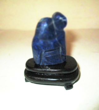 Antique Chinese Hand Carving Stone Budha Figure Lapis Lazuli Statue & Wood Stand 4