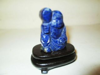 Antique Chinese Hand Carving Stone Budha Figure Lapis Lazuli Statue & Wood Stand 6