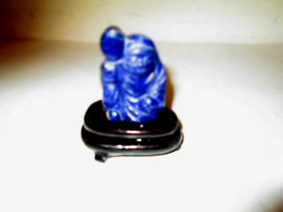 Antique Chinese Hand Carving Stone Budha Figure Lapis Lazuli Statue & Wood Stand 7