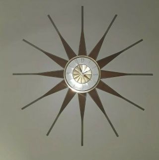 Vintage Elgin Starburst Wall Clock Wood Atomic Sunburst Retro Mid Century Decor