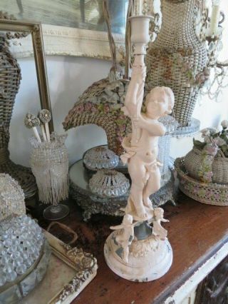 Fabulous Old Vintage Chippy Creamy White Metal Statue 4 Cherubs With Wings