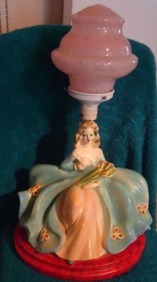 Antique Crinoline Lady Plaster / Chalk Ware Lamp 1940s - 1950s