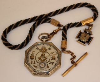 Elgin Masonic Pocket Watch W/beaded Chain & Fob 11