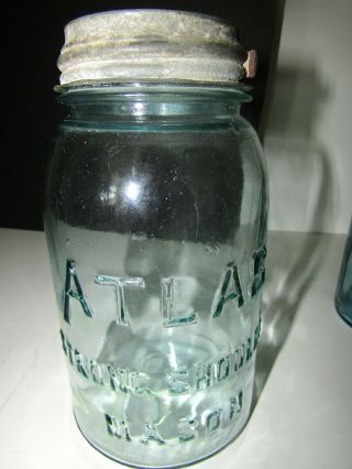 Vintage Blue Atlas Strong Shoulder Mason Fruit Jar.  Zinc Lid.
