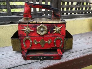 VTG RARE MEXICAN SHOE SHINE BOX PAINTED RED WOOD & BRASS WITH BENCH FOLK ART 3