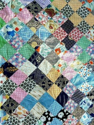 Vintage 1940 ' s 50 ' s Small Squares FEEDSACK Fabric Quilt Top 82 x 64 To Finish 3