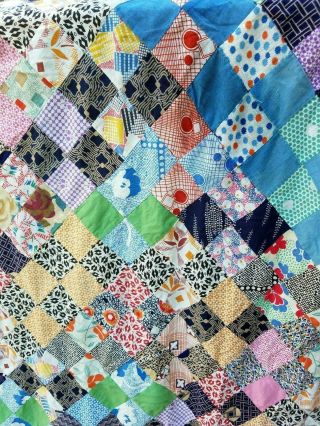 Vintage 1940 ' s 50 ' s Small Squares FEEDSACK Fabric Quilt Top 82 x 64 To Finish 5
