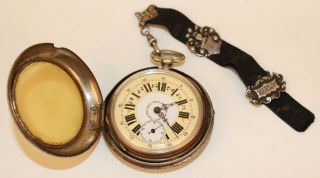 French Key Wind 800 Silver Pocket Watch W/etched Deer & Dog Movement & Fob 9
