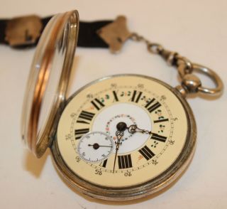 FRENCH KEY WIND 800 SILVER POCKET WATCH W/ETCHED DEER & DOG MOVEMENT & FOB 9 2