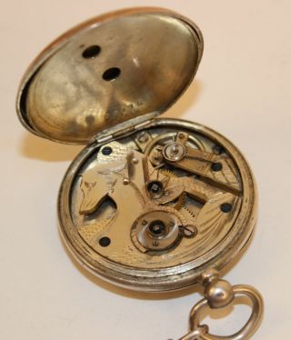 FRENCH KEY WIND 800 SILVER POCKET WATCH W/ETCHED DEER & DOG MOVEMENT & FOB 9 3