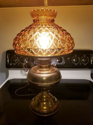 Antique Rayo Brass Converted Oil Lamp W/ Aladin Quilted Diamond Glass 10 " Shade