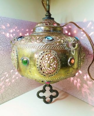 Vintage 17 Jewel Pierced Brass Moroccan Style Hanging Lamp W Bulb