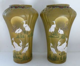 Antique Art Nouveau Pottery Japanese Chinese Stork Crane Bird Vases Urn Huge