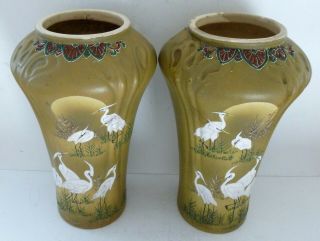 Antique Art Nouveau Pottery Japanese Chinese Stork Crane Bird Vases Urn HUGE 2