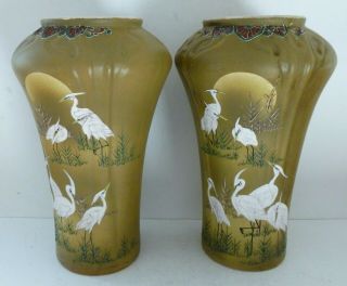 Antique Art Nouveau Pottery Japanese Chinese Stork Crane Bird Vases Urn HUGE 3