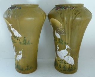 Antique Art Nouveau Pottery Japanese Chinese Stork Crane Bird Vases Urn HUGE 4