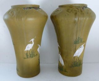Antique Art Nouveau Pottery Japanese Chinese Stork Crane Bird Vases Urn HUGE 6