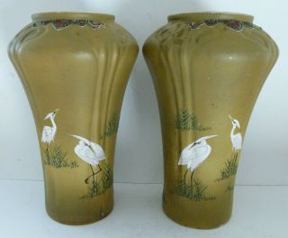 Antique Art Nouveau Pottery Japanese Chinese Stork Crane Bird Vases Urn HUGE 7