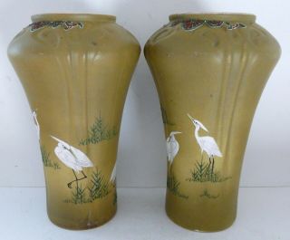 Antique Art Nouveau Pottery Japanese Chinese Stork Crane Bird Vases Urn HUGE 8