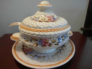 Vintage Handpainted Porcelain Italian Soup Tureen With Lid,  Ladle & Underplate