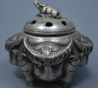 Collectable Ancient Handwork Miao Silver Carve Four Bull Pray Old Incense Burner