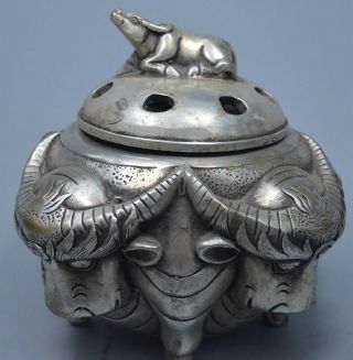 Collectable Ancient Handwork Miao Silver Carve Four Bull Pray Old Incense Burner 2