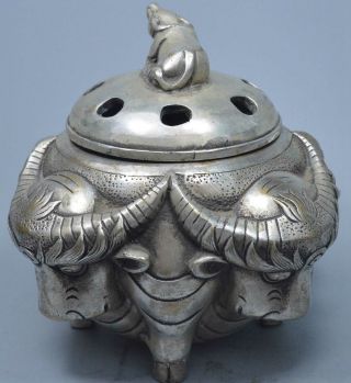 Collectable Ancient Handwork Miao Silver Carve Four Bull Pray Old Incense Burner 3