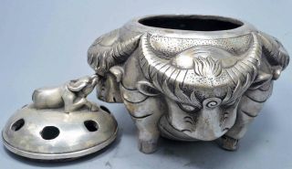 Collectable Ancient Handwork Miao Silver Carve Four Bull Pray Old Incense Burner 5