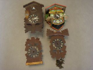 4 Vintage Small Germany Black Forest Carved Wood Cuckoo Clocks For Parts/repair