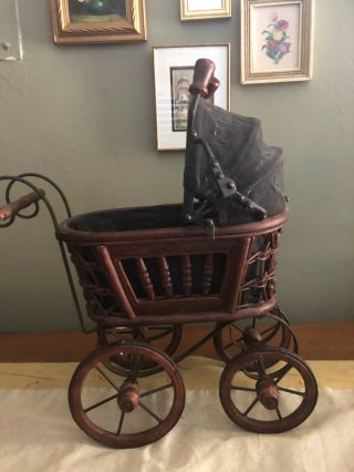 Antique Baby Doll Stroller Vintage Wooden Carriage Buggy