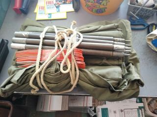 Vintage Us Army Military Pup Tent Full Set: 2 Halves,  Poles,  Ropes & Stakes