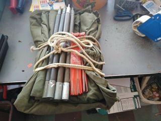Vintage US Army Military Pup Tent Full Set: 2 Halves,  Poles,  Ropes & Stakes 2