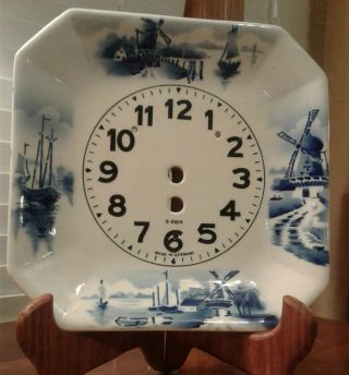 Vtg Delft German Blue & White Porcelain 8 Day Clock Face Dutch Windmills