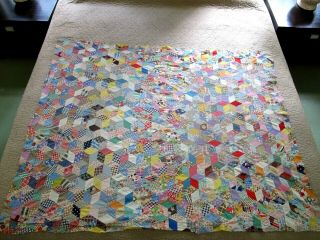 Small But Vintage Feed Sack Hand Pieced Tumbling Blocks Quilt Top,  Good