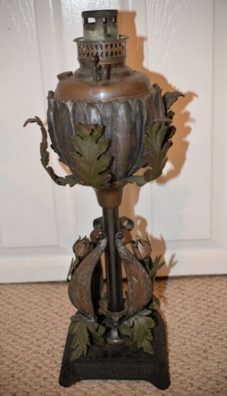 Antique Art Nouveau 19th century Bronze Lotus Flower Figural Oil Lamp (1897) 2