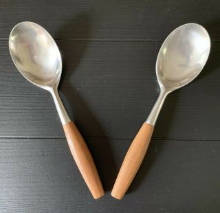 Vintage Dansk Fjord Stainless Teak Flatware Germany Set Of 2 Serving Spoons