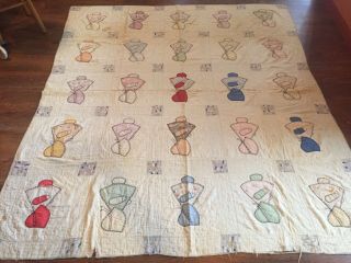 Antique Feed Sack Handmade Quilt Hand Quilted Applique Sun Bonnet Sue 84”x72” 3
