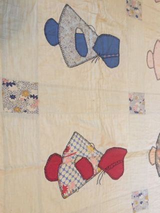 Antique Feed Sack Handmade Quilt Hand Quilted Applique Sun Bonnet Sue 84”x72” 8