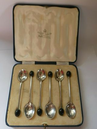 Art Deco Boxed Set Of 6 Silver Coffee Bean Coffee Spoons Mappin & Webb 1936