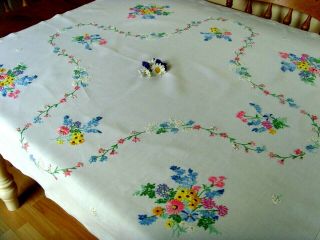 Vintage Hand Embroidered Linen Tablecloth Cottage Garden Flowers