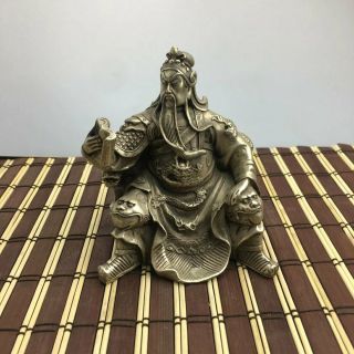 Chinese Old Hand - Carved Copper - Plating Silver Guan Yu Read Book Statue D02