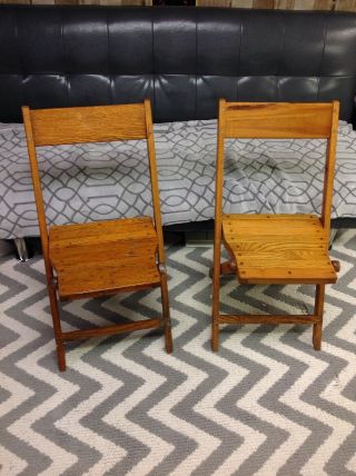 Vintage Snyder Antique Wood Oak Wooden Folding Chairs Set Of 2