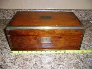 Antique Brass Bound Captain Campaign Writing Lap Desk Box 15 I/2 In Cond
