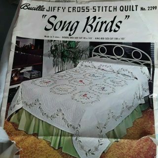 Vtg Bucilla Jiffy Stamped Cross Stitch Quilt Kit Song Birds 2299 Queen/.  King Bed