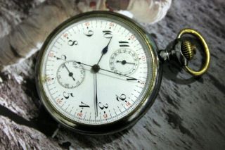 Minerva Chronograph Pocket Watch Open Face Case 53 Mm In Diameter