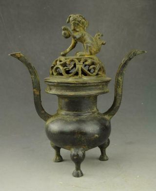 Chinese Old Copper Hand - Carved Three Foot Incense Burner Rich Dog Lid E02