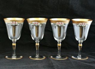 Antique Set 4 Gold Encrusted Hand Painted Enameled Flowers Wine Goblets