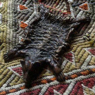 Antique Grizzly Bear Hunter Bronze Card Tray Animal Skin Carpet Hunt Prey Fur